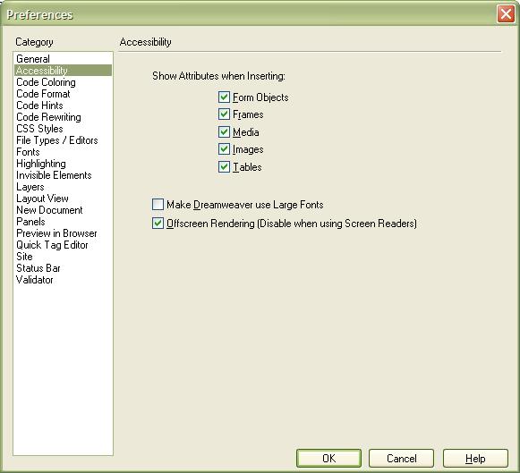 Dreamweaver Preferences Dialog Box