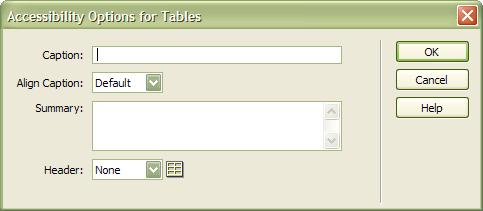 Dreamweaver Table Accessibility Dialog Box