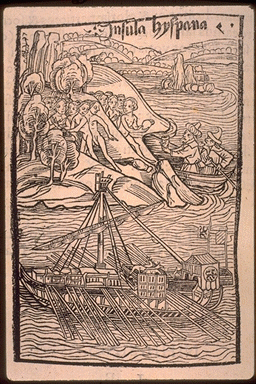 Etching of Columbus greeting islanders