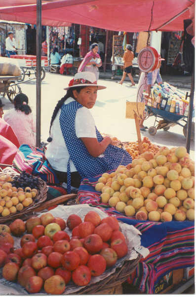 Bolivian marekt vendor with fruit